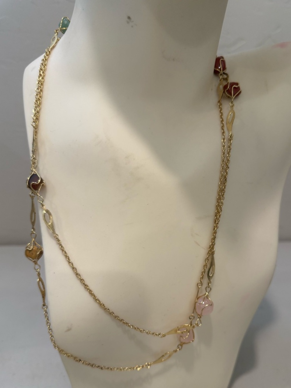 24" Vintage Wire Wrapped/Caged Semi-Precious Stone Goldtone Metal Chain Necklace